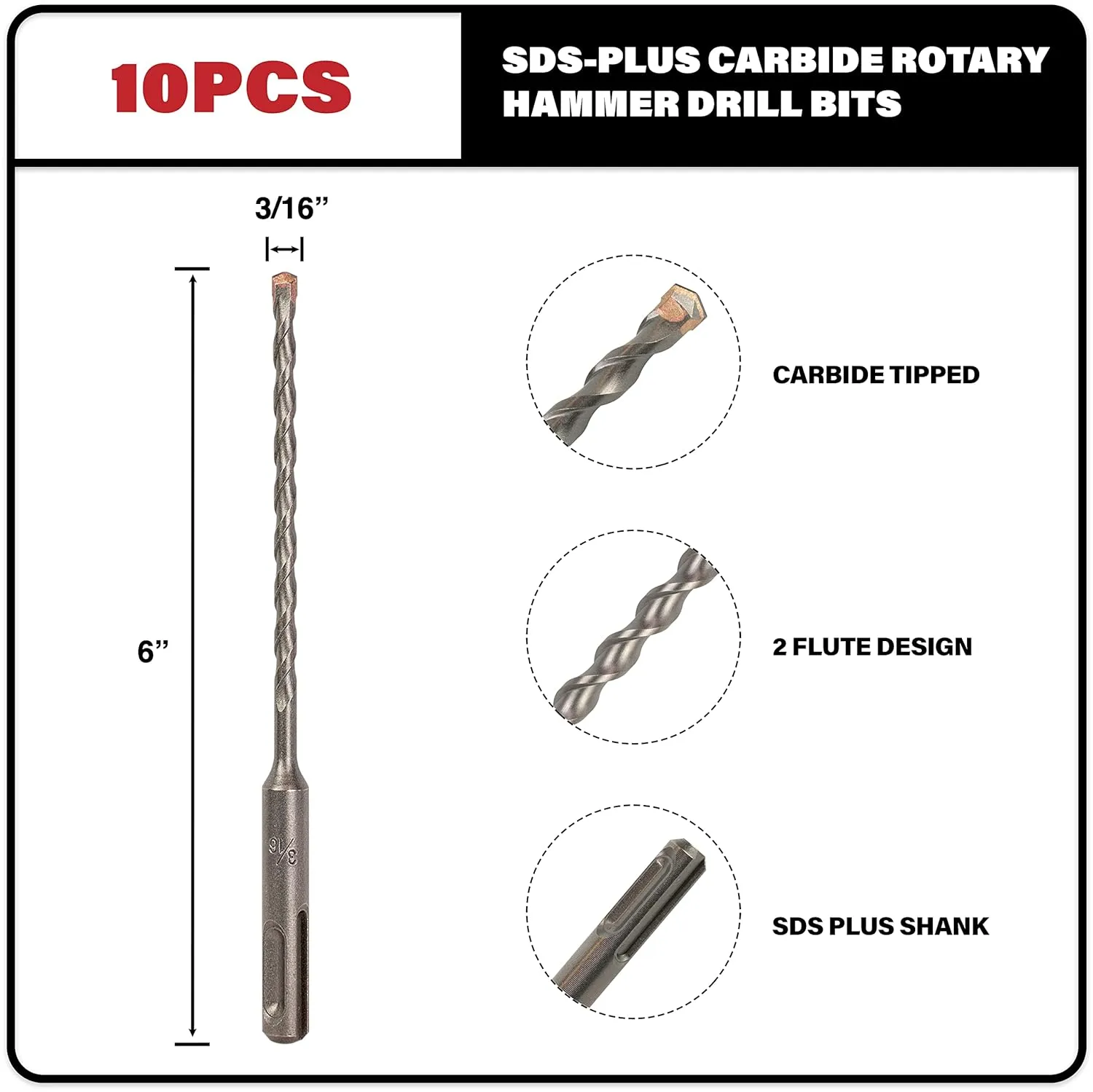 10-Pack SDS Plus 3/16" x 6" Rotary Hammer Drill Bits, Carbide Tipped for Brick, Stone and Concrete