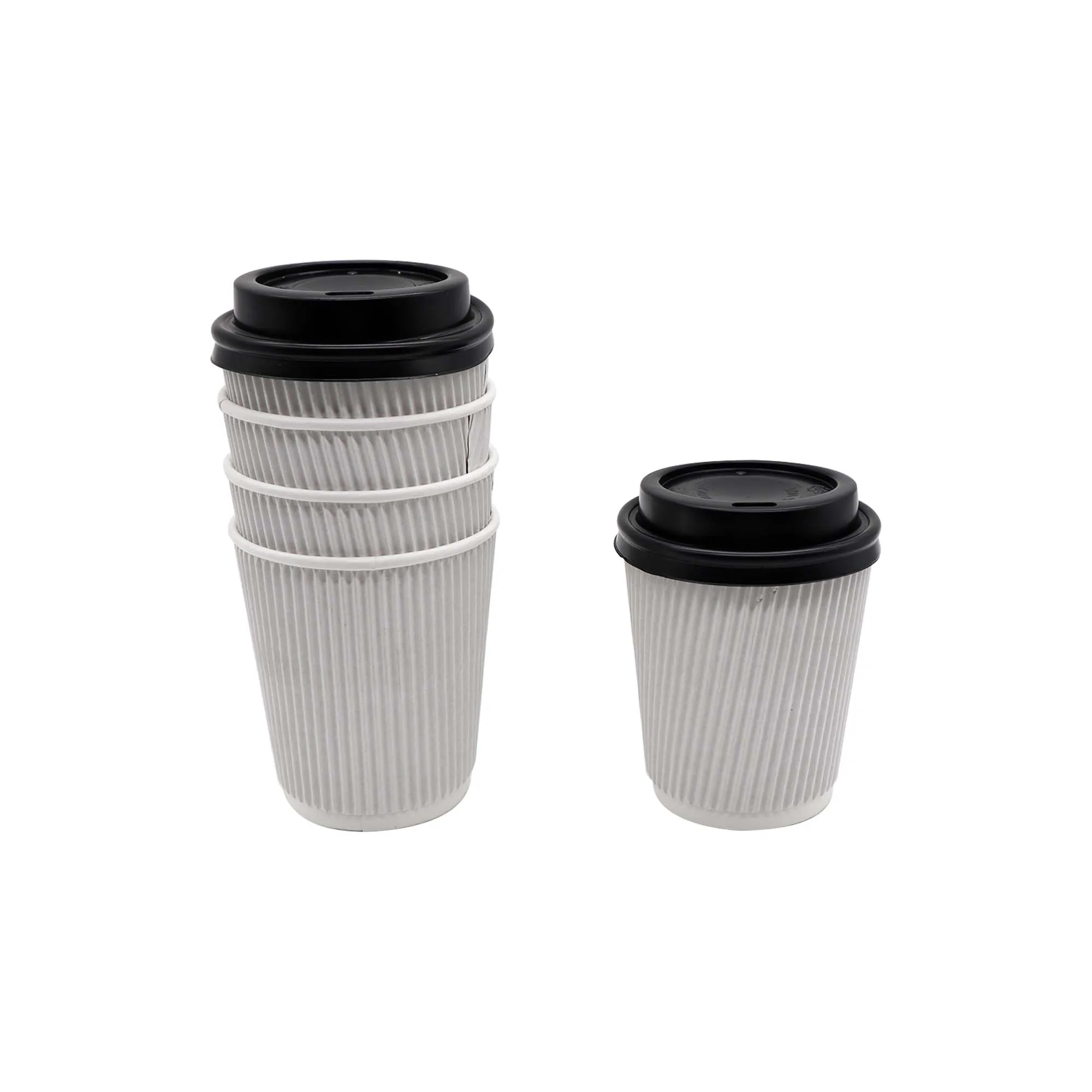 250ml Disposable Ripple Paper Coffee Cups Vertical with Black Sip Lid 5pack