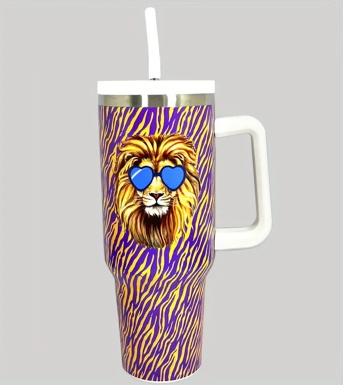 40oz Lion Tumbler: Stylish and Insulated Stainless Steel Water Bottle with Handle, Lid, and Straw – Perfect Summer Drinkware for Car, Home, Office, and Travel