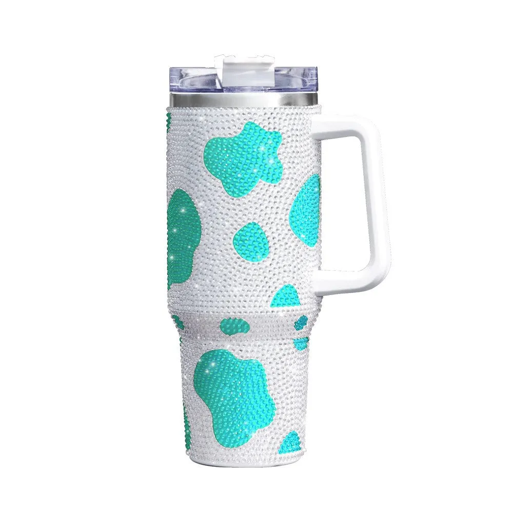 40oz Rhinestone Design and Cow Pattern Stainless Steel Tumbler with Lid and Straw - Portable and Stylish Drinking Cup for Car, Home, Office, and Travel - Perfect Birthday Gift