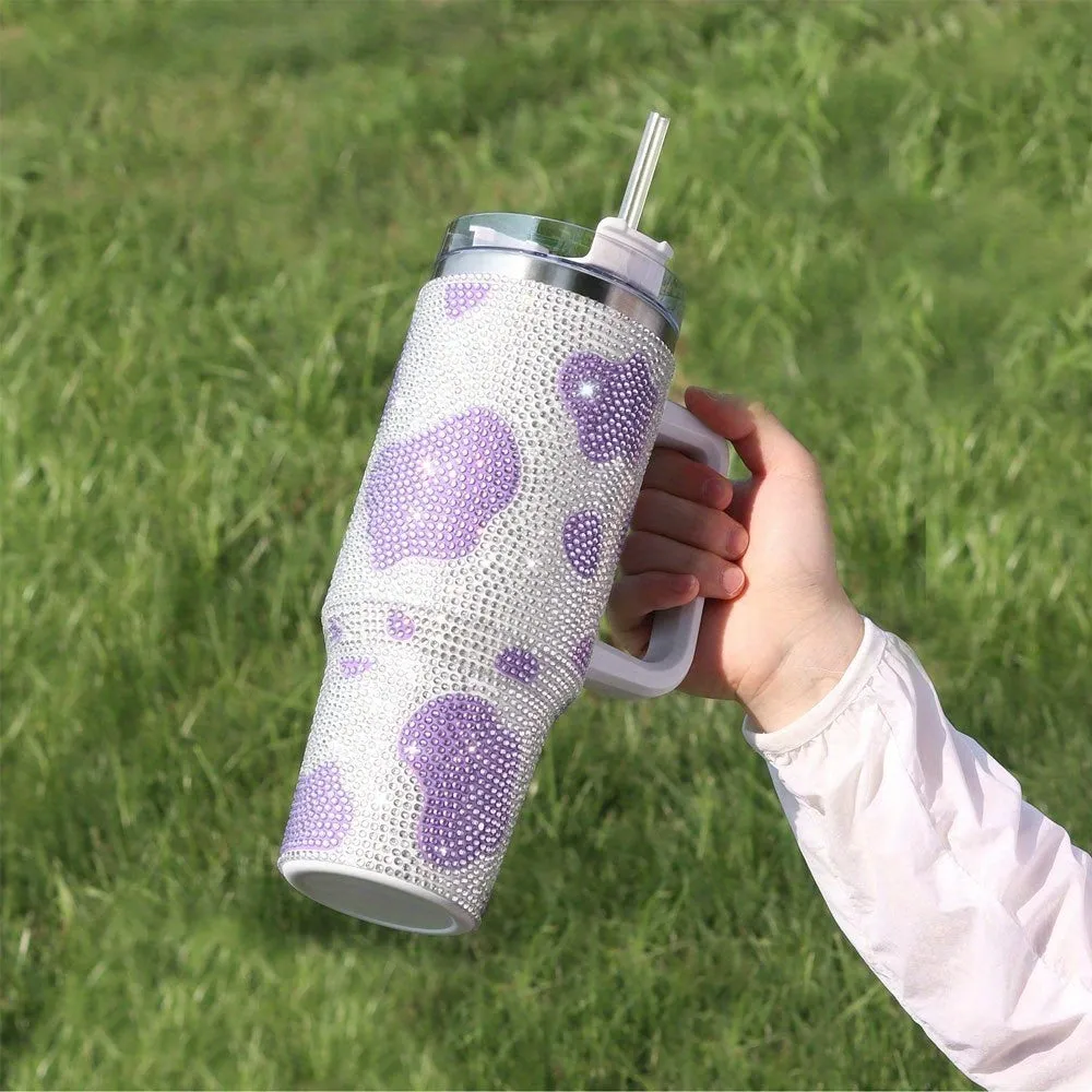 40oz Rhinestone Design and Cow Pattern Stainless Steel Tumbler with Lid and Straw - Portable and Stylish Drinking Cup for Car, Home, Office, and Travel - Perfect Birthday Gift