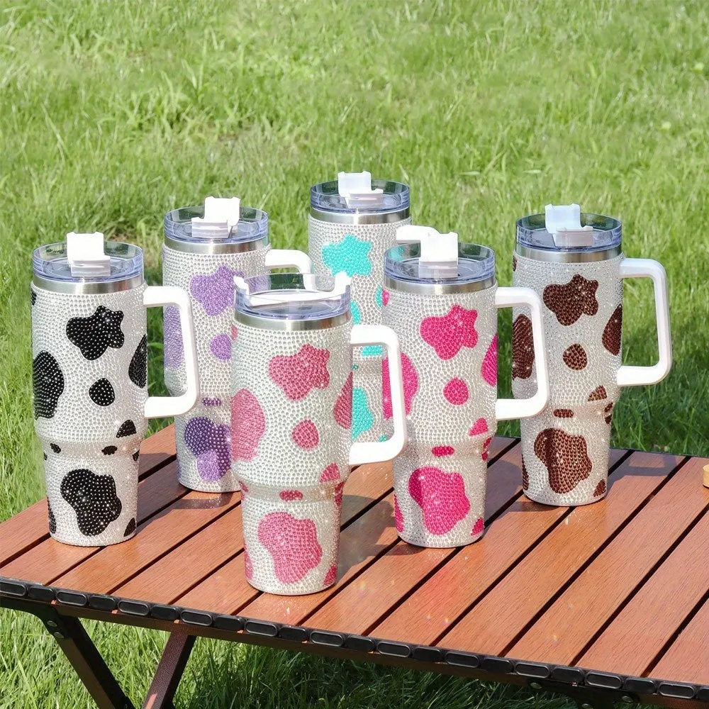 40oz Rhinestone Design and Cow Pattern Stainless Steel Tumbler with Lid and Straw - Portable and Stylish Drinking Cup for Car, Home, Office, and Travel - Perfect Birthday Gift