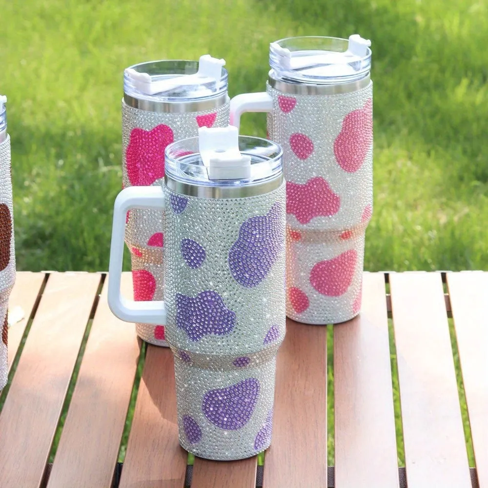 40oz Rhinestone Design and Cow Pattern Stainless Steel Tumbler with Lid and Straw - Portable and Stylish Drinking Cup for Car, Home, Office, and Travel - Perfect Birthday Gift