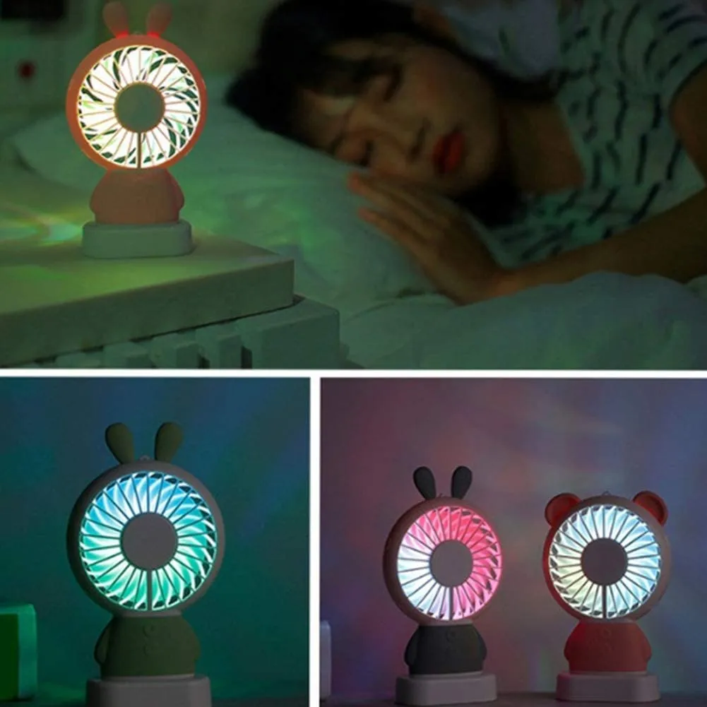 7633 Mini Portable Fan USB Rechargeable Handheld Rabbit Style Color Changing LED Light Pocket Desk Light Fan (Battery Not Include)