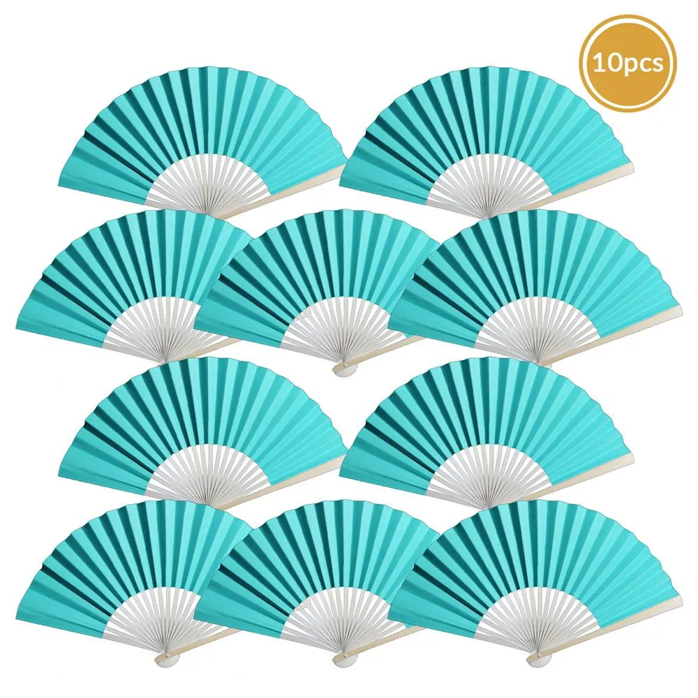 9" Turquoise Paper Hand Fans for Weddings, Premium Paper Stock (10 Pack)