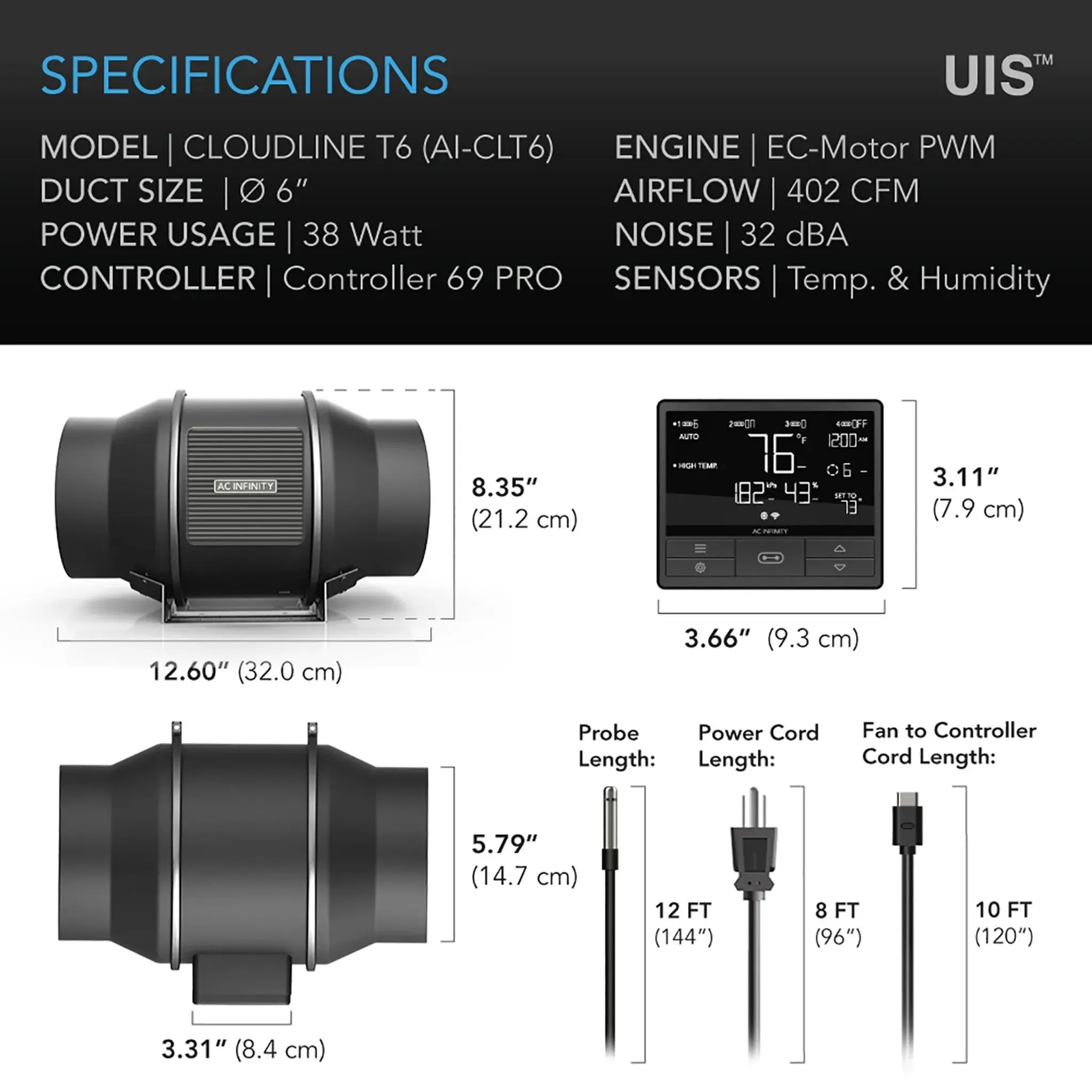 AC Infinity CLOUDLINE T6 Inline Duct Fan System w/ WIFI Controller, 6"