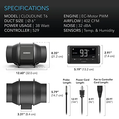 AC Infinity CLOUDLINE T6, Quiet 6” Inline Duct Fan with Temperature Humidity Controller, Bluetooth App - Ventilation Exhaust Fan for Heating Cooling Booster, Grow Tents, Hydroponics