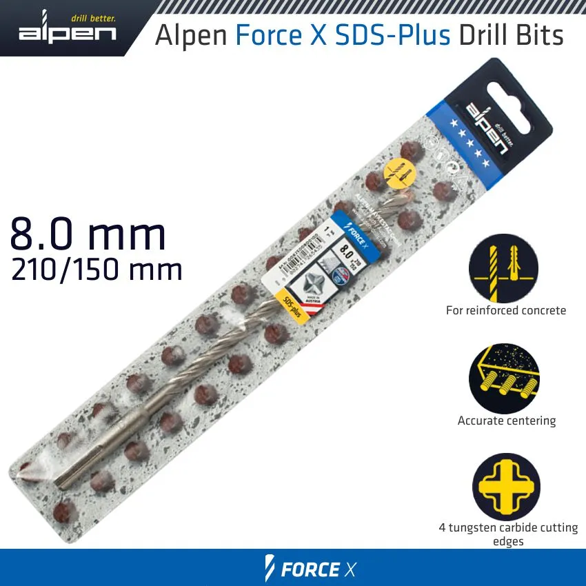 ALPEN FORCE X 8.0 x 210/150 SDS-PLUS DRILL BIT X4 CUTTING EDGES ALP825008