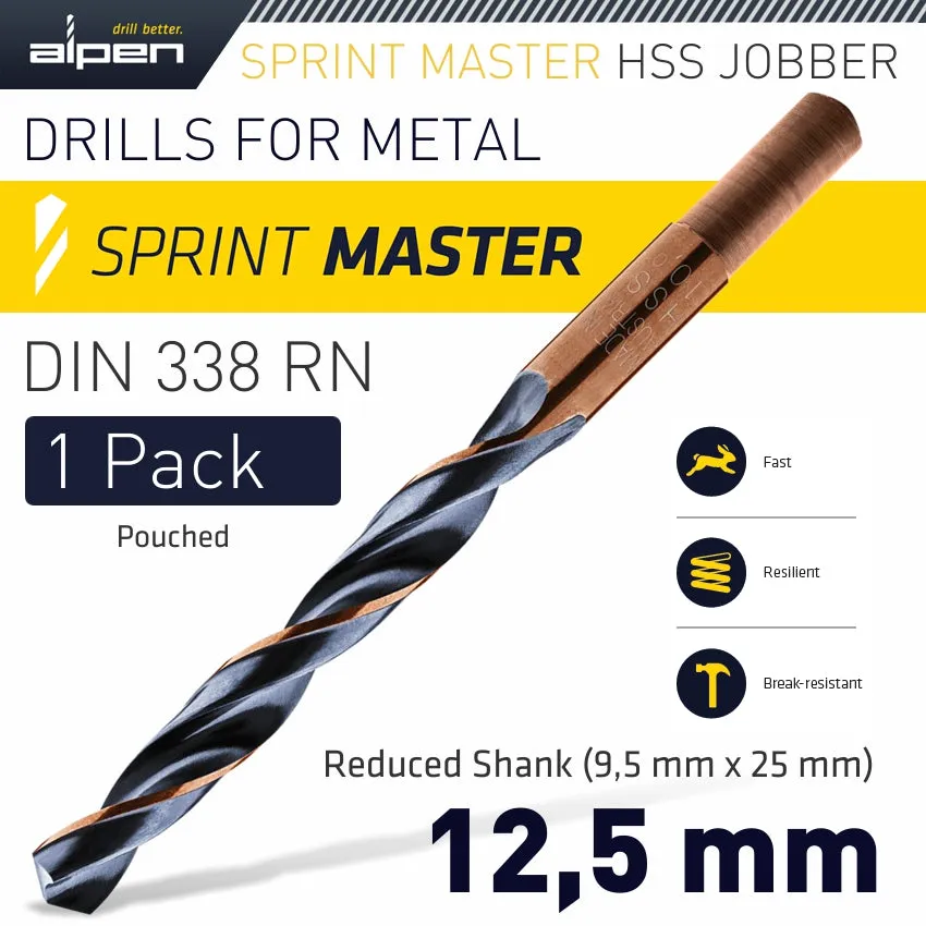 ALPEN HSS SPRINT MASTER 12.5MM RED SHANK 9.5MM X1 SLEEVED DIN338 ALPEN DRILL ALP6400125