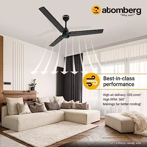 atomberg Renesa 1200mm BLDC Motor 5 Star Rated Sleek Ceiling Fans with Remote | Upto 65% Energy Saving | 2 1 Year Warranty (Midnight Black) | Winner of National Energy Conservation Awards (2022)