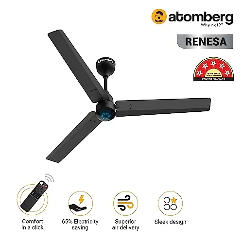 atomberg Renesa 1200mm BLDC Motor 5 Star Rated Sleek Ceiling Fans with Remote | Upto 65% Energy Saving | 2 1 Year Warranty (Midnight Black) | Winner of National Energy Conservation Awards (2022)