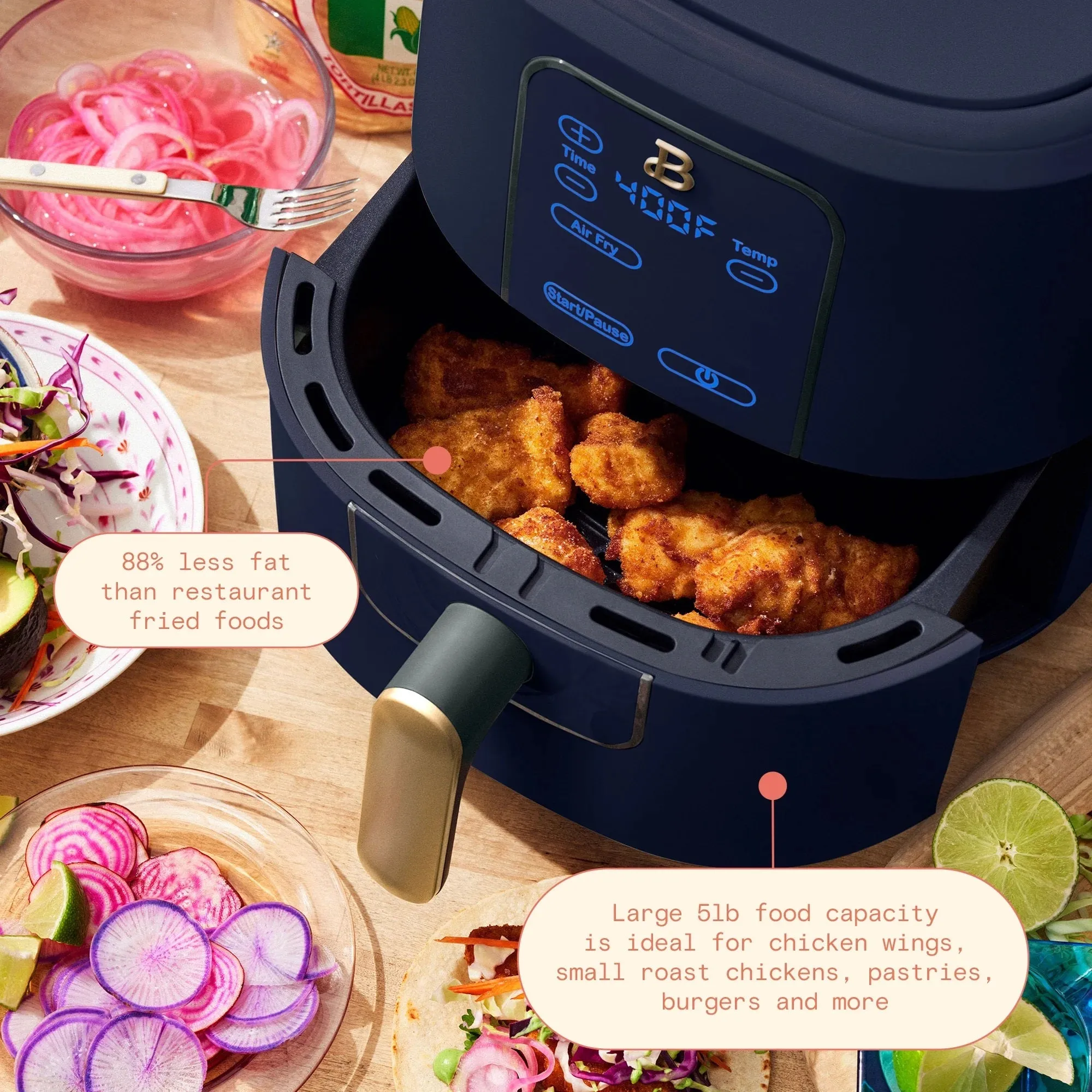 Beautiful 19586 6 Qt Air Fryer with TurboCrisp Technology and Touch-Activated Display, Starry Night by Drew Barrymore, Blue