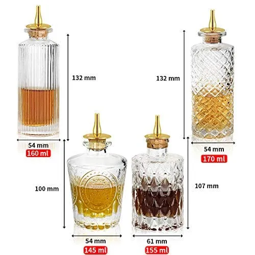 Bitters Bottle 4pcs Glass Dash Bottle Set for Cocktail with Zinc Alloy Dasher Top, Decorative Bottle， for Cocktail and Display (4pcs)