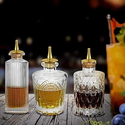 Bitters Bottle 4pcs Glass Dash Bottle Set for Cocktail with Zinc Alloy Dasher Top, Decorative Bottle， for Cocktail and Display (4pcs)