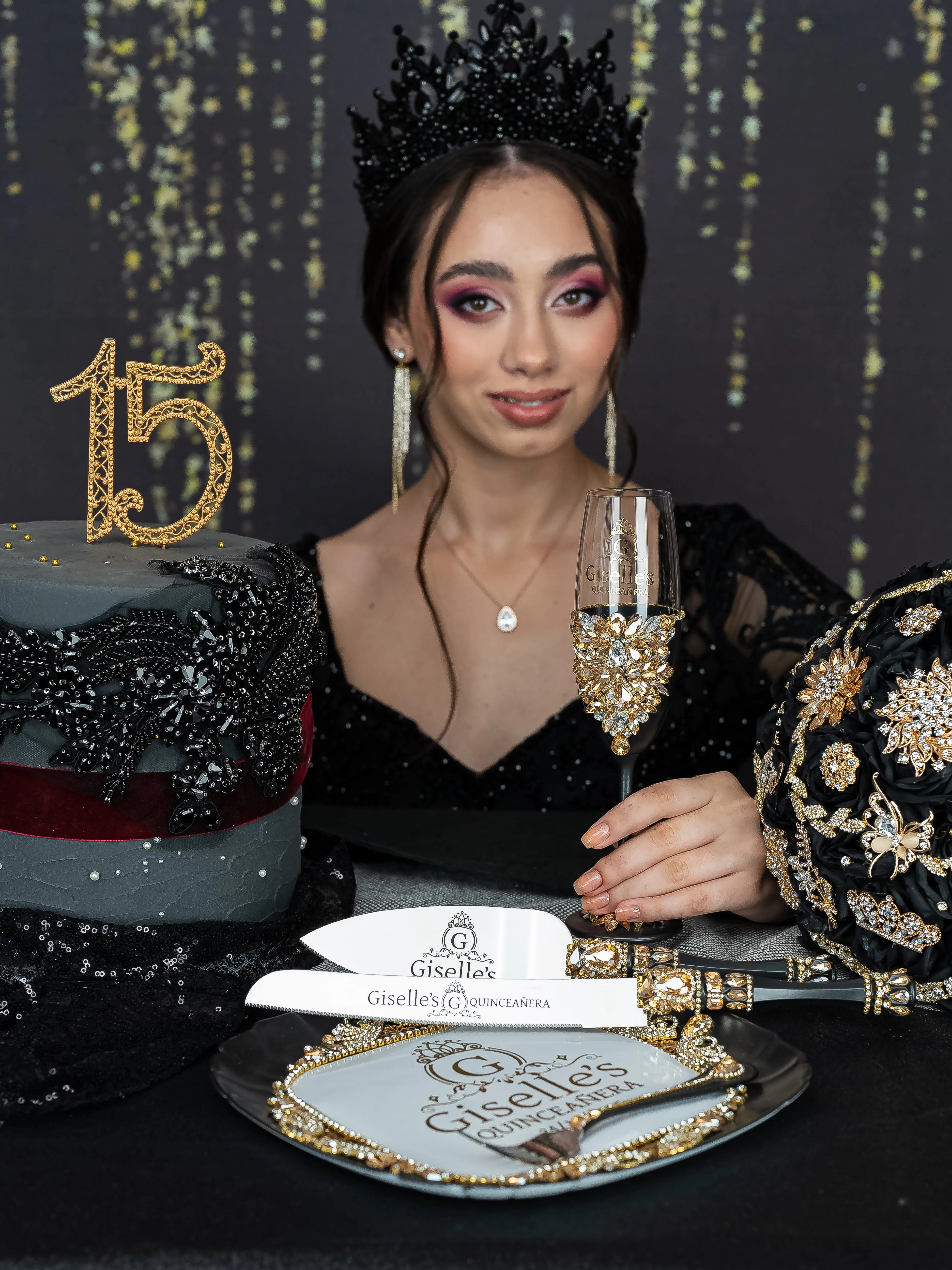 Black Quinceanera Brindis Package with Bottle