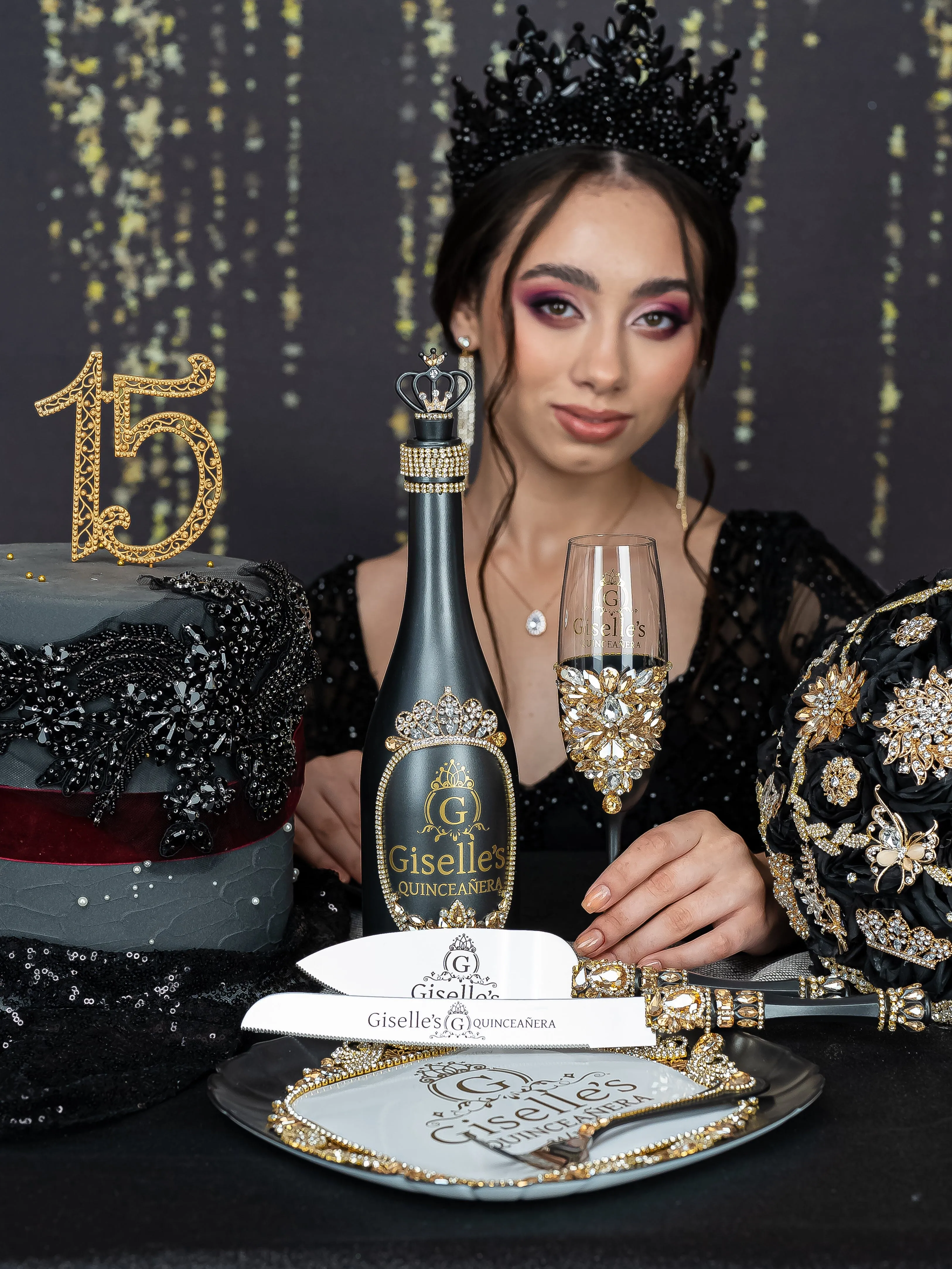 Black Quinceanera Brindis Package with Bottle