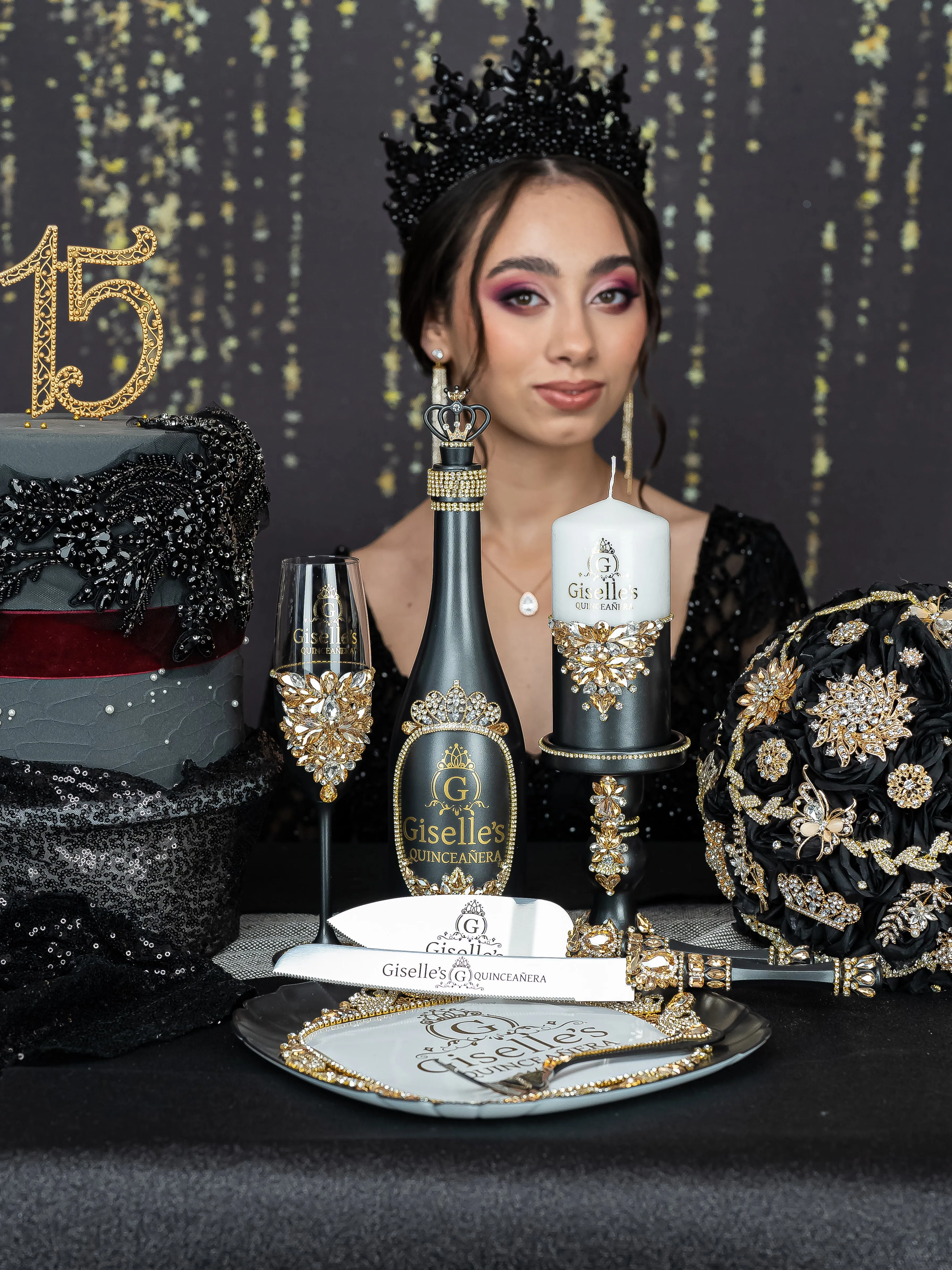 Black Quinceanera Brindis Package with Bottle