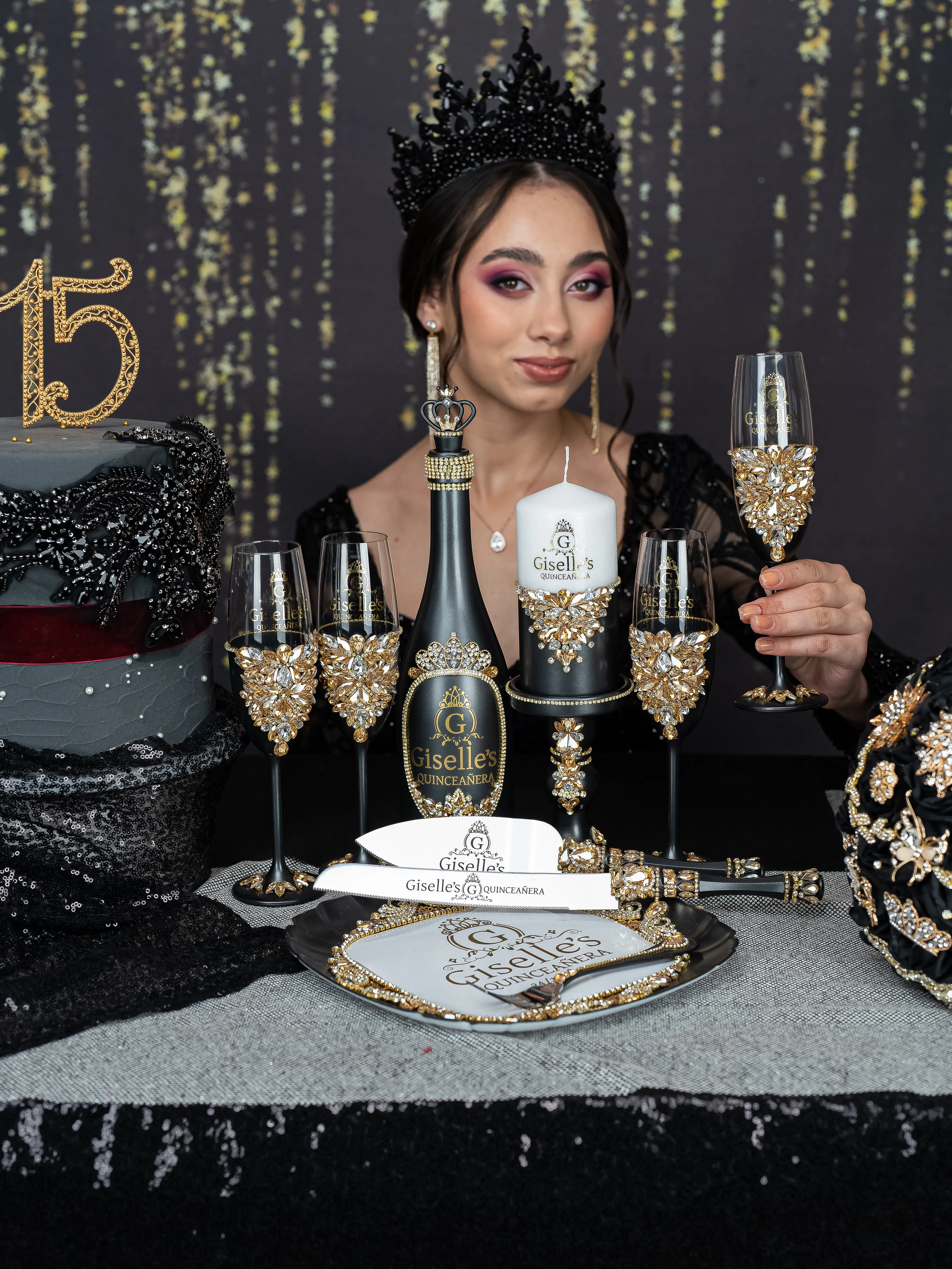 Black Quinceanera Brindis Package with Bottle