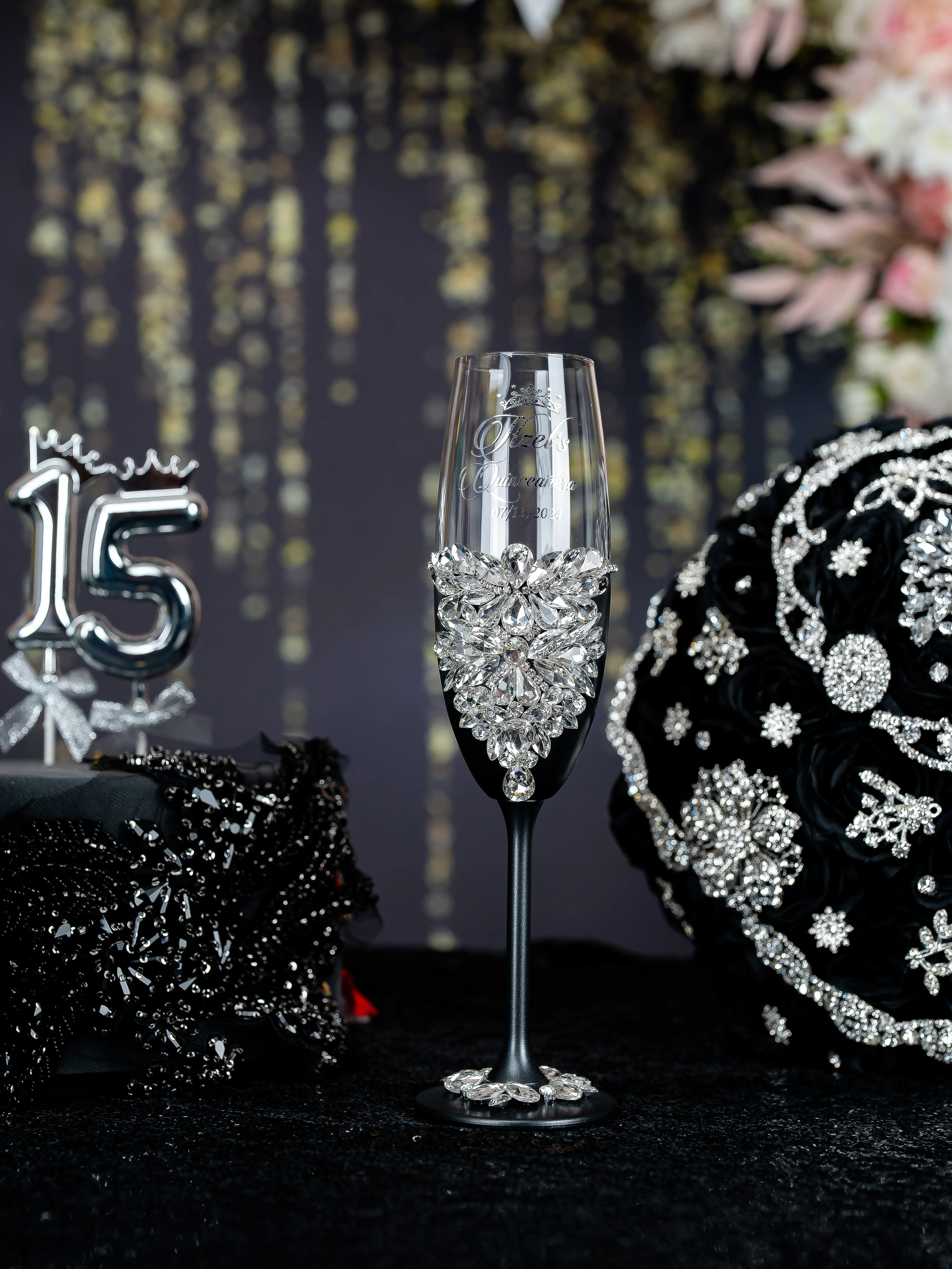 Black silver Quinceanera Brindis Package with Bottle