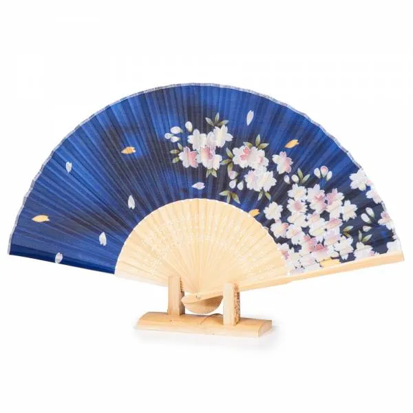 Blue Cherry Blossom Silk & Bamboo Folding Fan