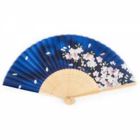 Blue Cherry Blossom Silk & Bamboo Folding Fan