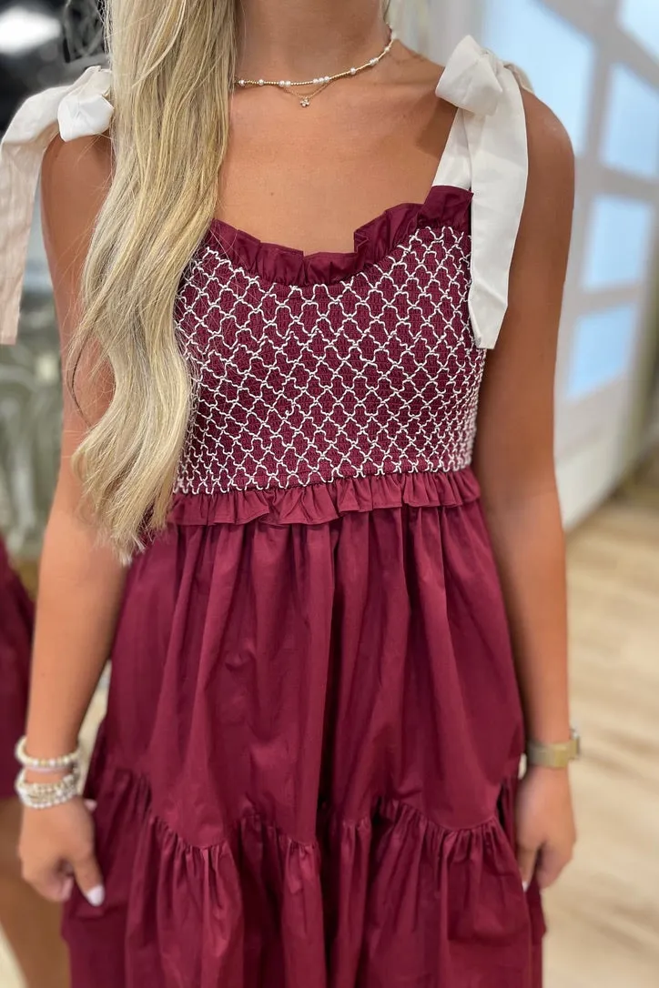 Bully Fan Smocked Bodice Mini Dress Maroon