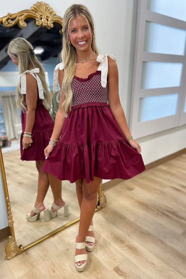 Bully Fan Smocked Bodice Mini Dress Maroon