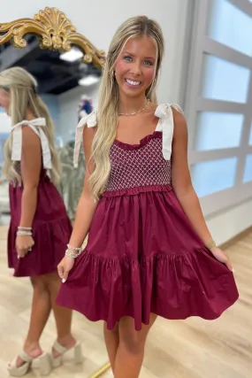 Bully Fan Smocked Bodice Mini Dress Maroon