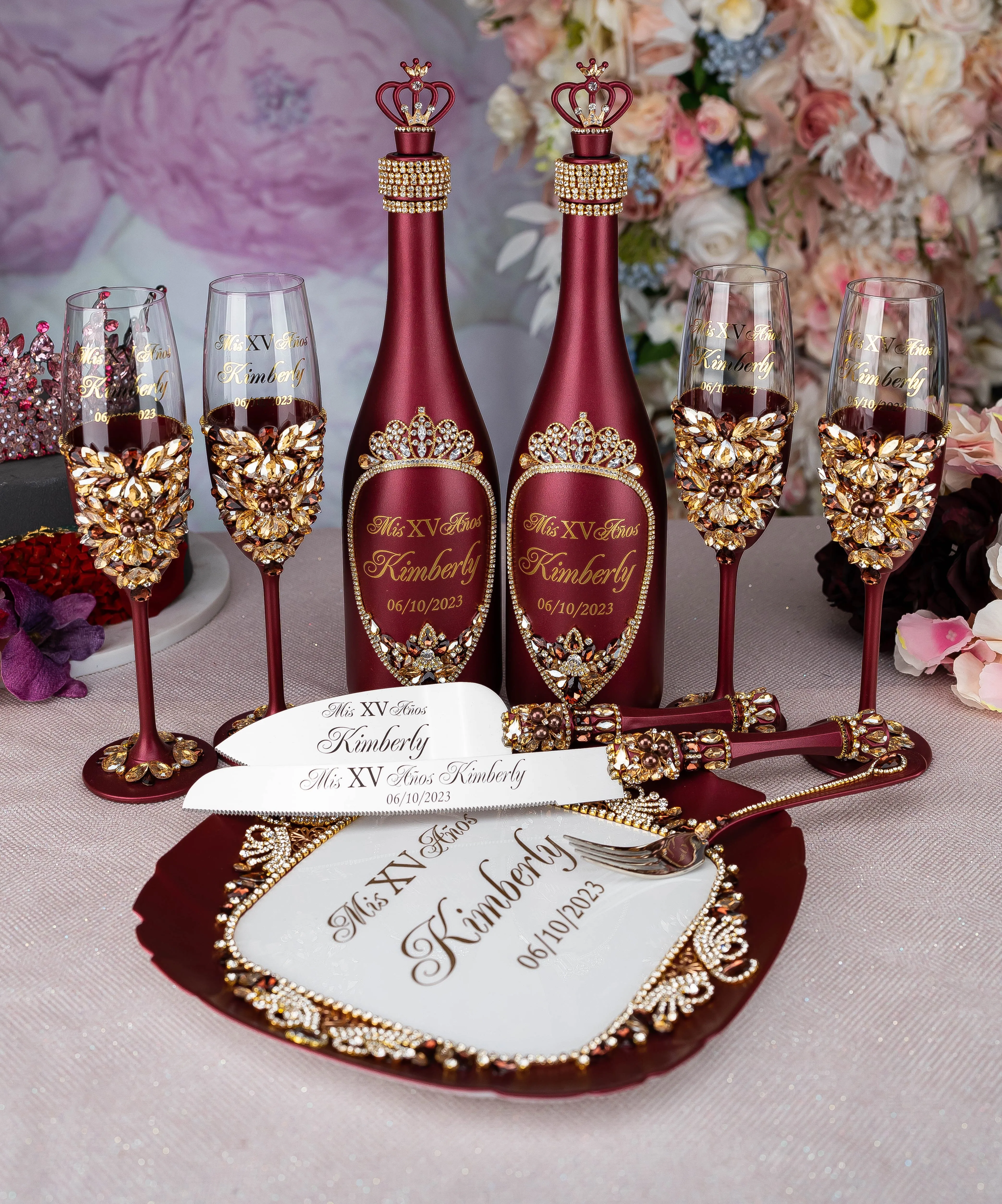 Burgundy quinceanera brindis package with bottle and candle