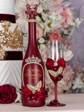 Burgundy with butterflies Quinceanera Bottle with 1 Glass