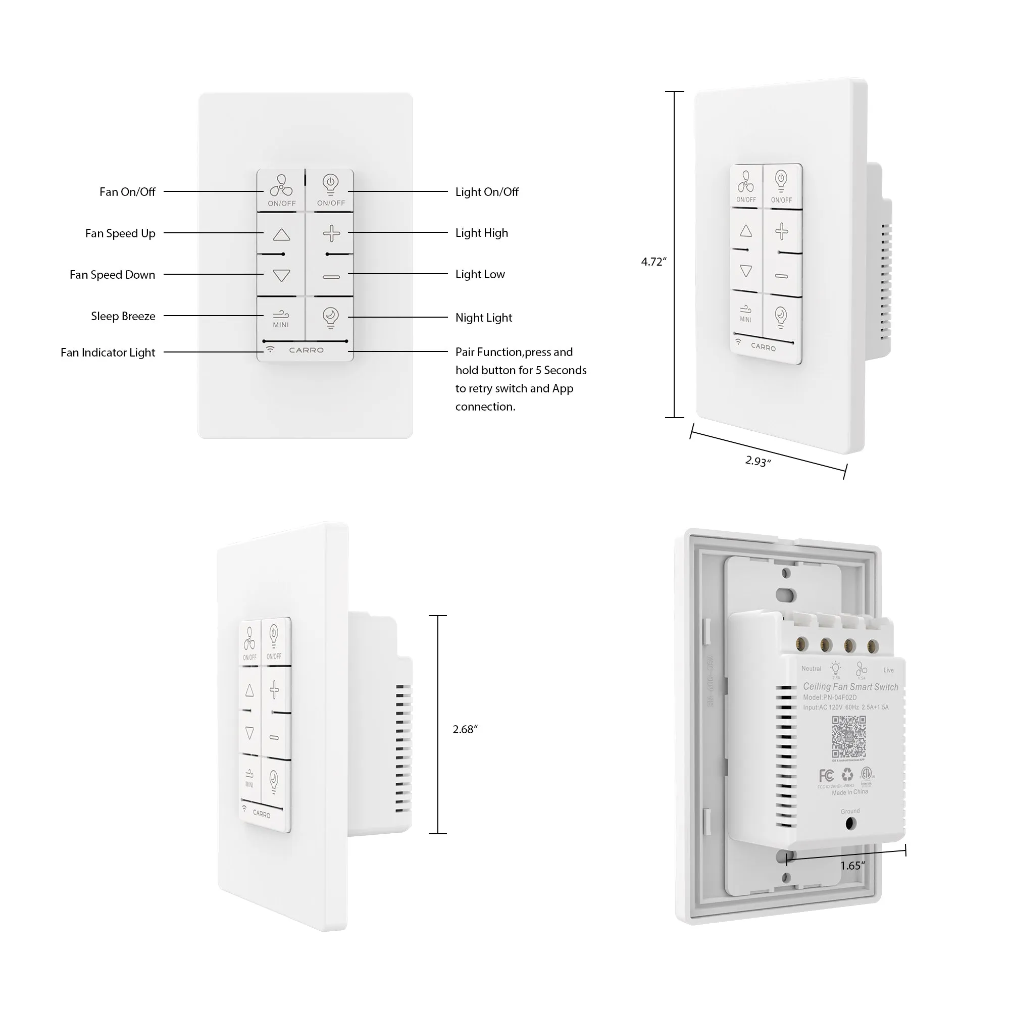 Carro Lotus Smart Ceiling Fan Control and Light Dimmer Switch Combo, WiFi Wall Switch(1-Gang)