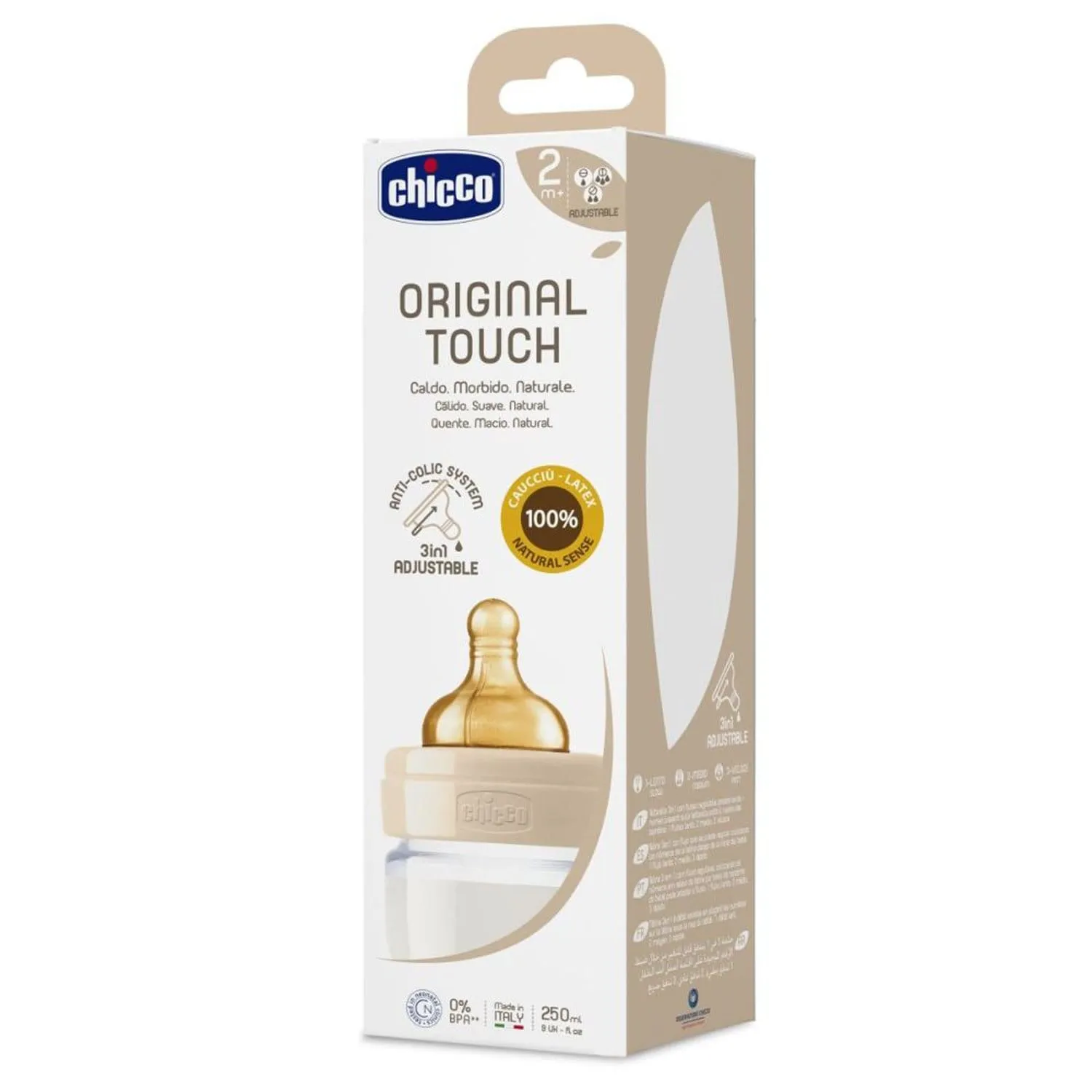 CHICCO ORIGINAL TOUCH FEEDING BOTTLE 250ML ADJUSTABLE FLOW 2M  LATEX NEUTRAL