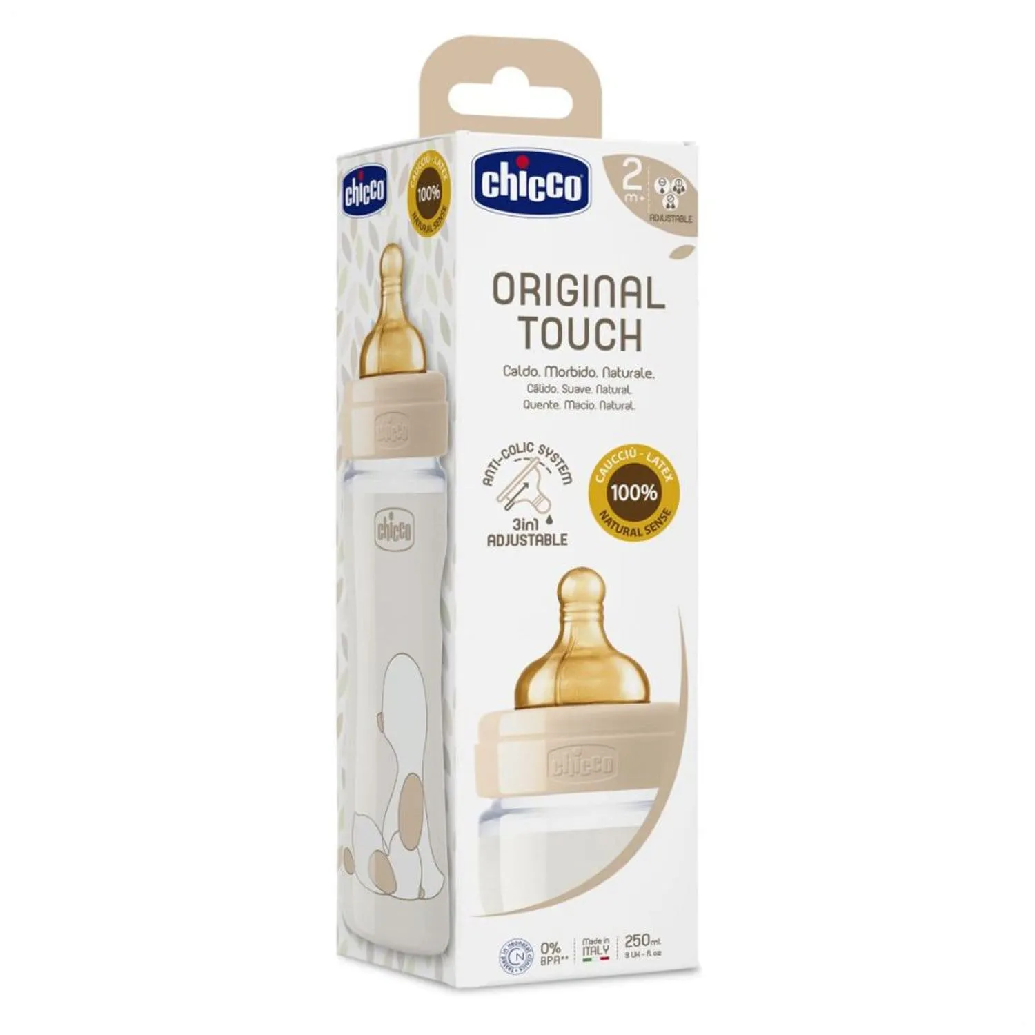 CHICCO ORIGINAL TOUCH FEEDING BOTTLE 250ML ADJUSTABLE FLOW 2M  LATEX NEUTRAL