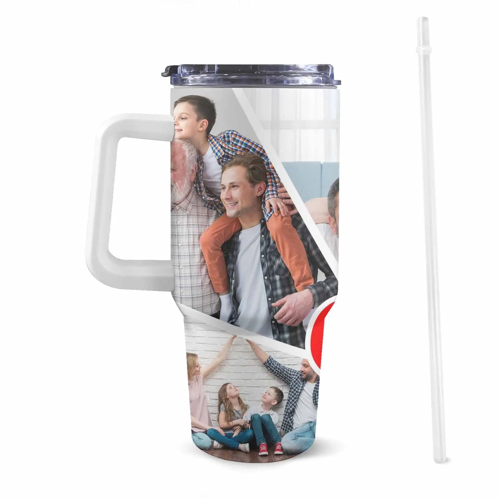 Custom 5 Photos Personalized 40oz Stainless Steel Travel Mug with Handle and Straw Lid Large Capacity Car Cup