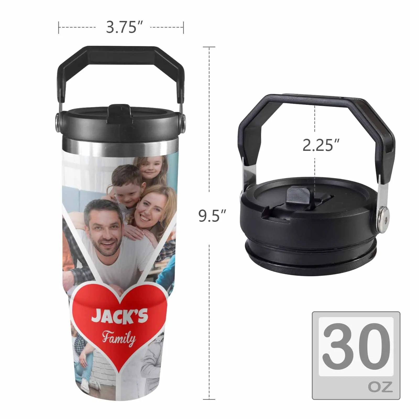 Custom 5 Photos Personalized 40oz Stainless Steel Travel Mug with Handle and Straw Lid Large Capacity Car Cup