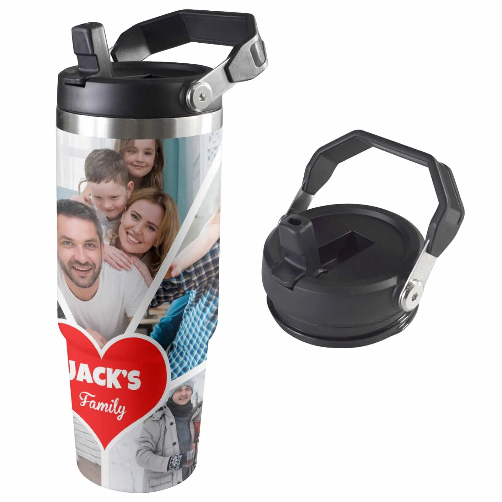 Custom 5 Photos Personalized 40oz Stainless Steel Travel Mug with Handle and Straw Lid Large Capacity Car Cup