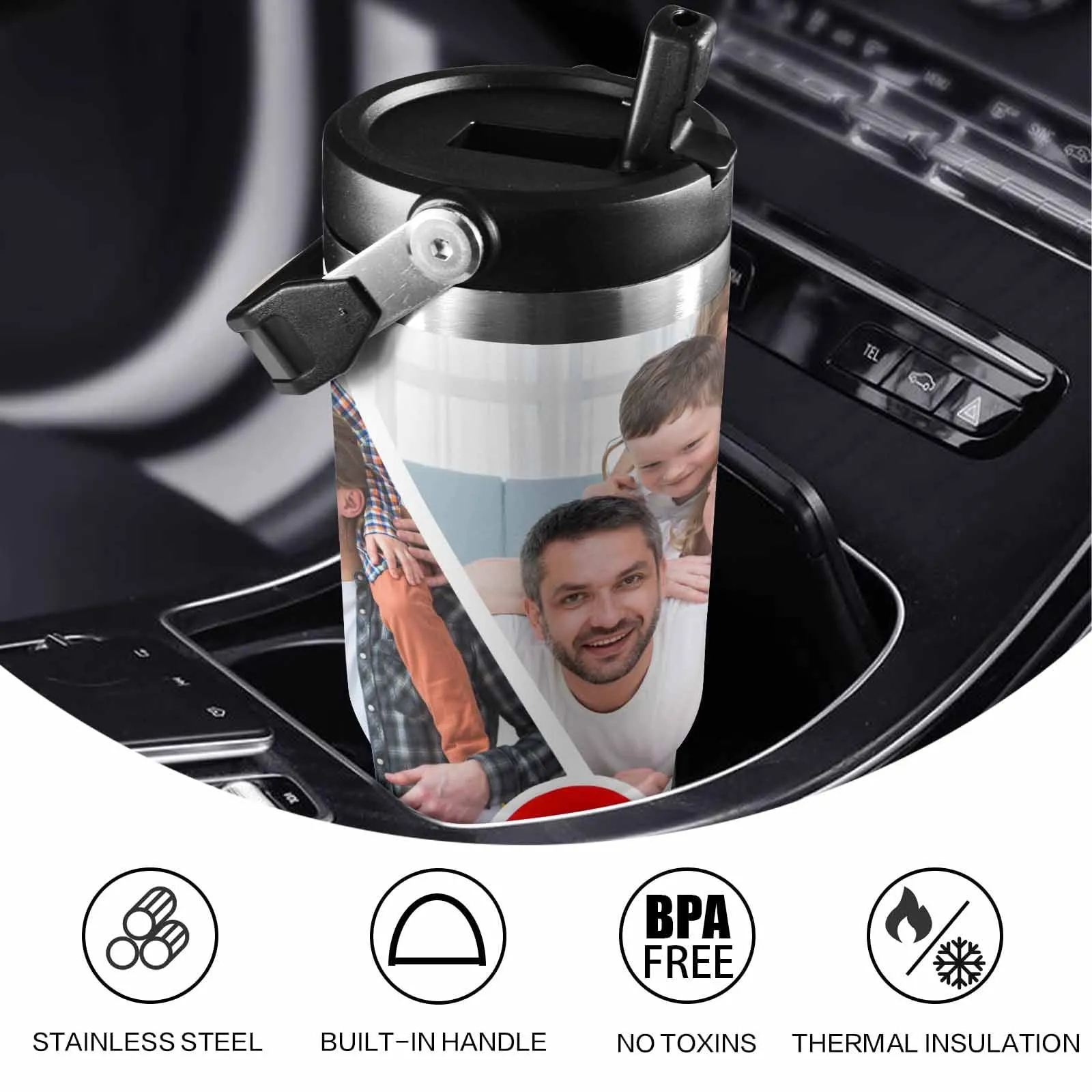 Custom 5 Photos Personalized 40oz Stainless Steel Travel Mug with Handle and Straw Lid Large Capacity Car Cup