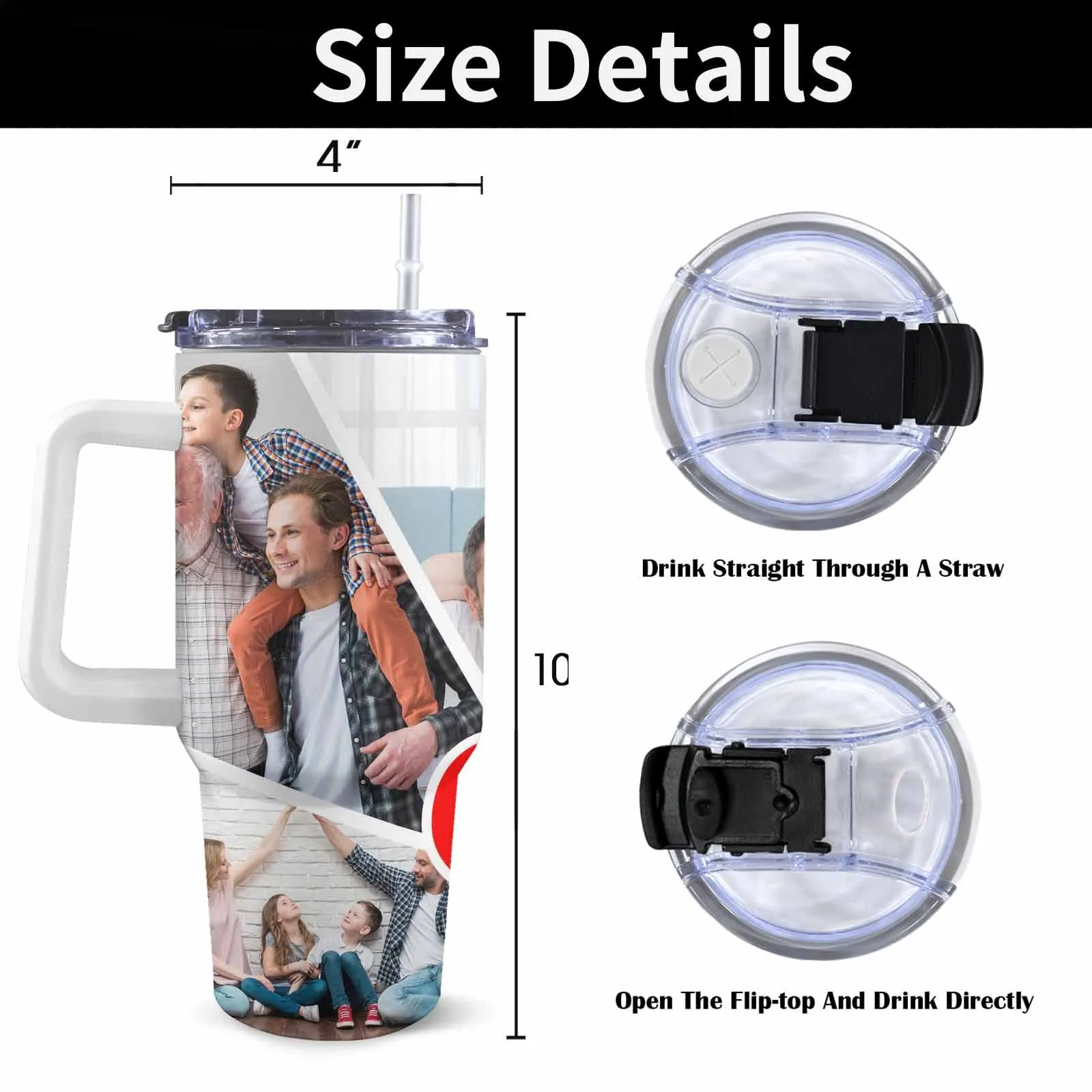 Custom 5 Photos Personalized 40oz Stainless Steel Travel Mug with Handle and Straw Lid Large Capacity Car Cup