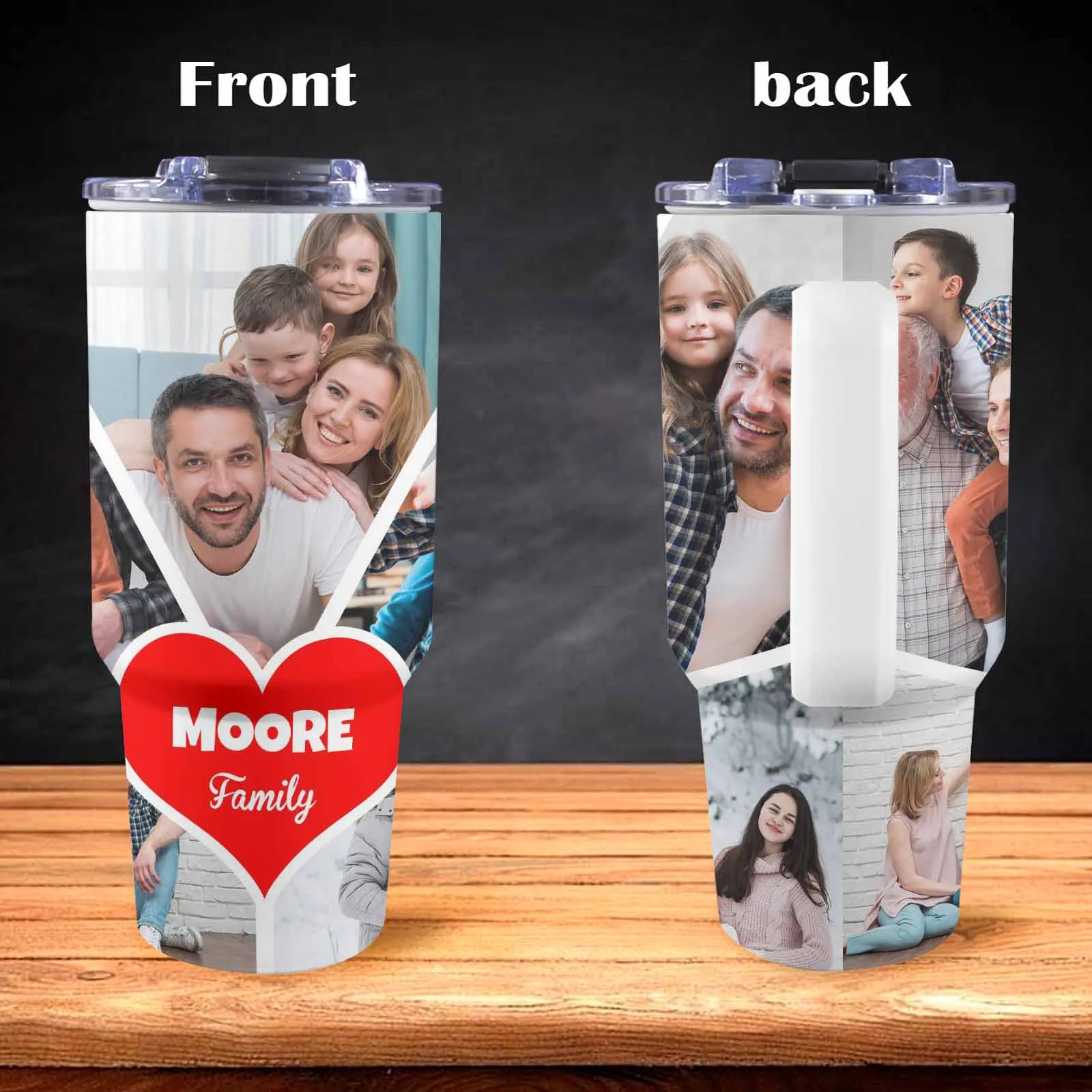 Custom 5 Photos Personalized 40oz Stainless Steel Travel Mug with Handle and Straw Lid Large Capacity Car Cup