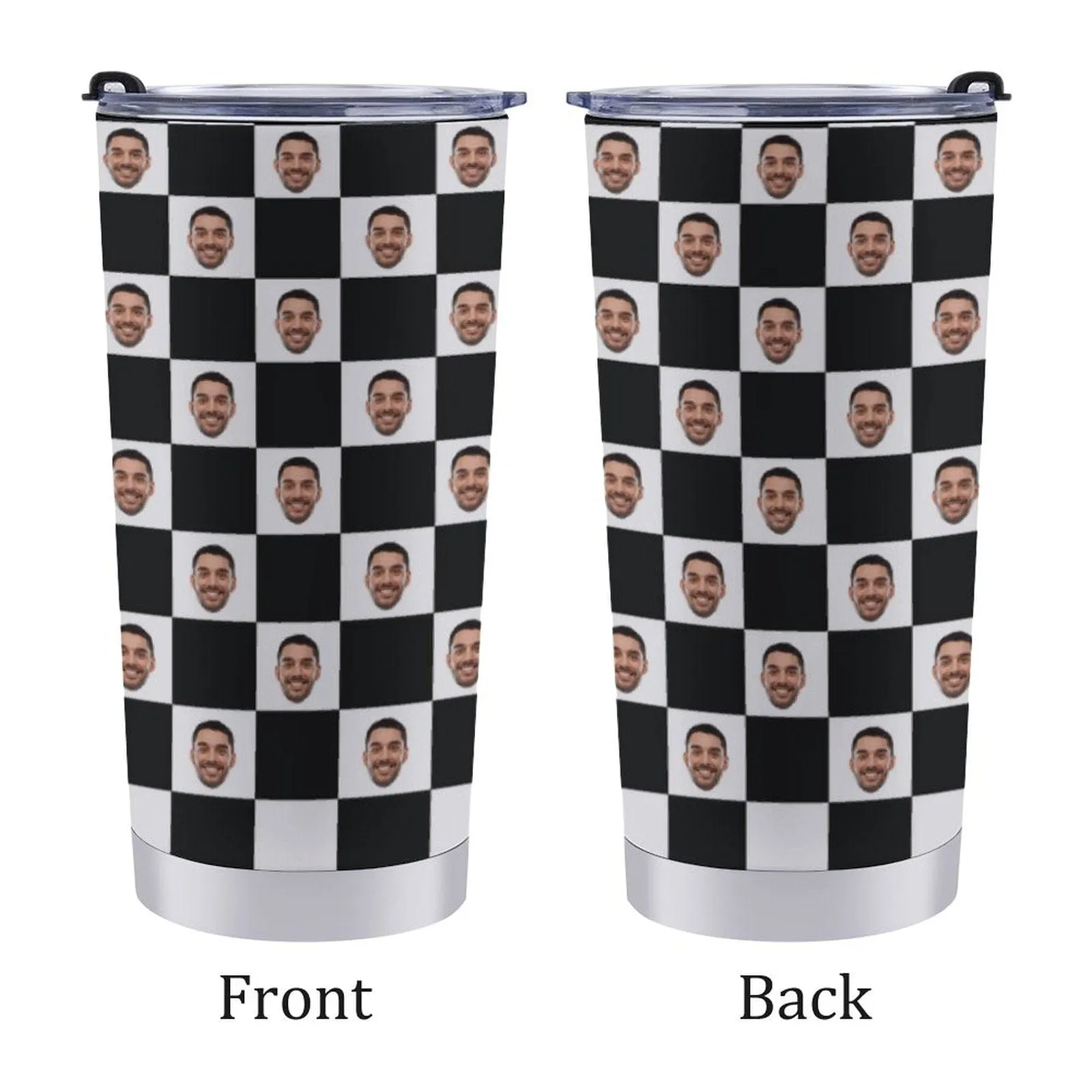 Custom Face Checkered Black&White Travel Tumbler 20OZ Stainless Steel Coffee Mug with Splash Proof Lid Personalized Photo Tumbler Insulated Thermal Cup Gift