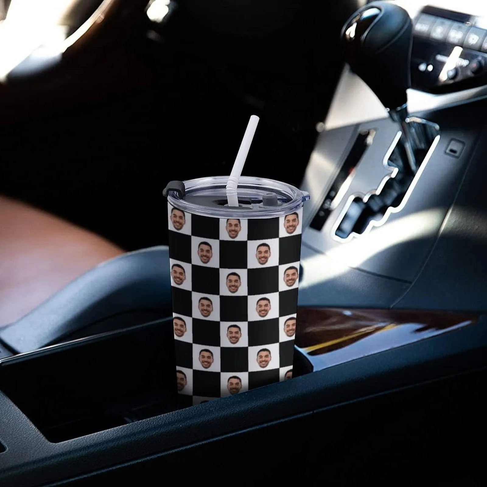 Custom Face Checkered Black&White Travel Tumbler 20OZ Stainless Steel Coffee Mug with Splash Proof Lid Personalized Photo Tumbler Insulated Thermal Cup Gift