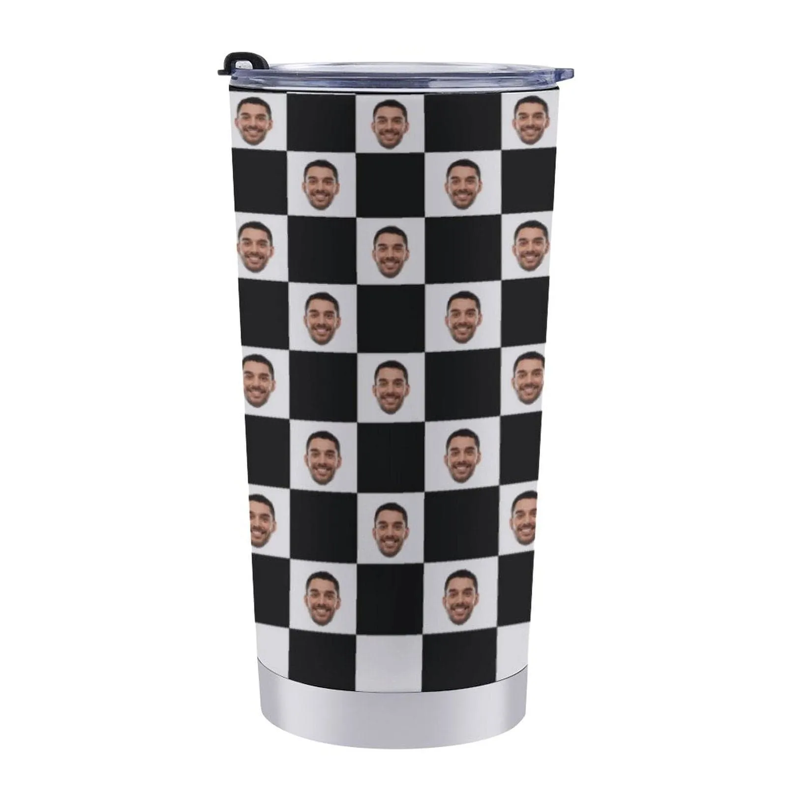 Custom Face Checkered Black&White Travel Tumbler 20OZ Stainless Steel Coffee Mug with Splash Proof Lid Personalized Photo Tumbler Insulated Thermal Cup Gift