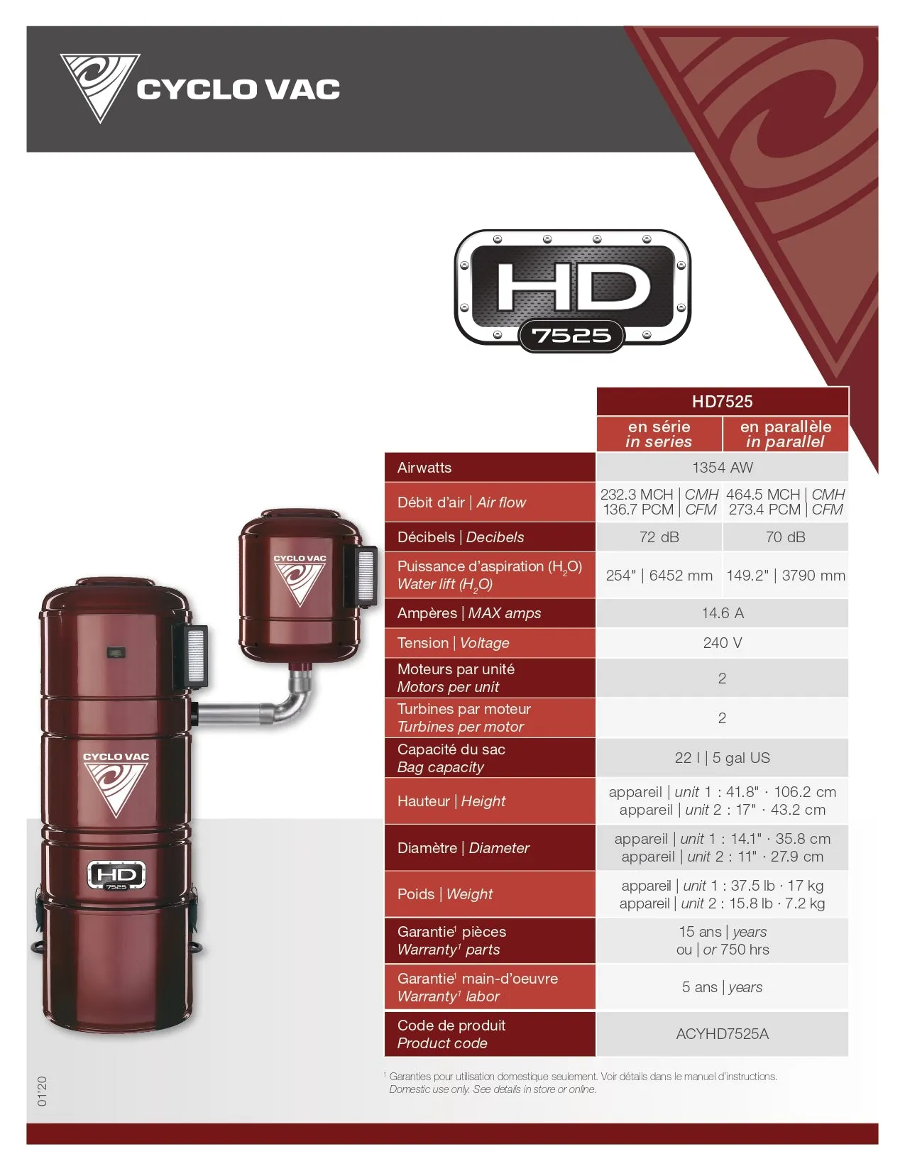 Cyclovac HD7525 Central vacuum - Hybrid 2 Motors - Up to 20.000 Sq Ft