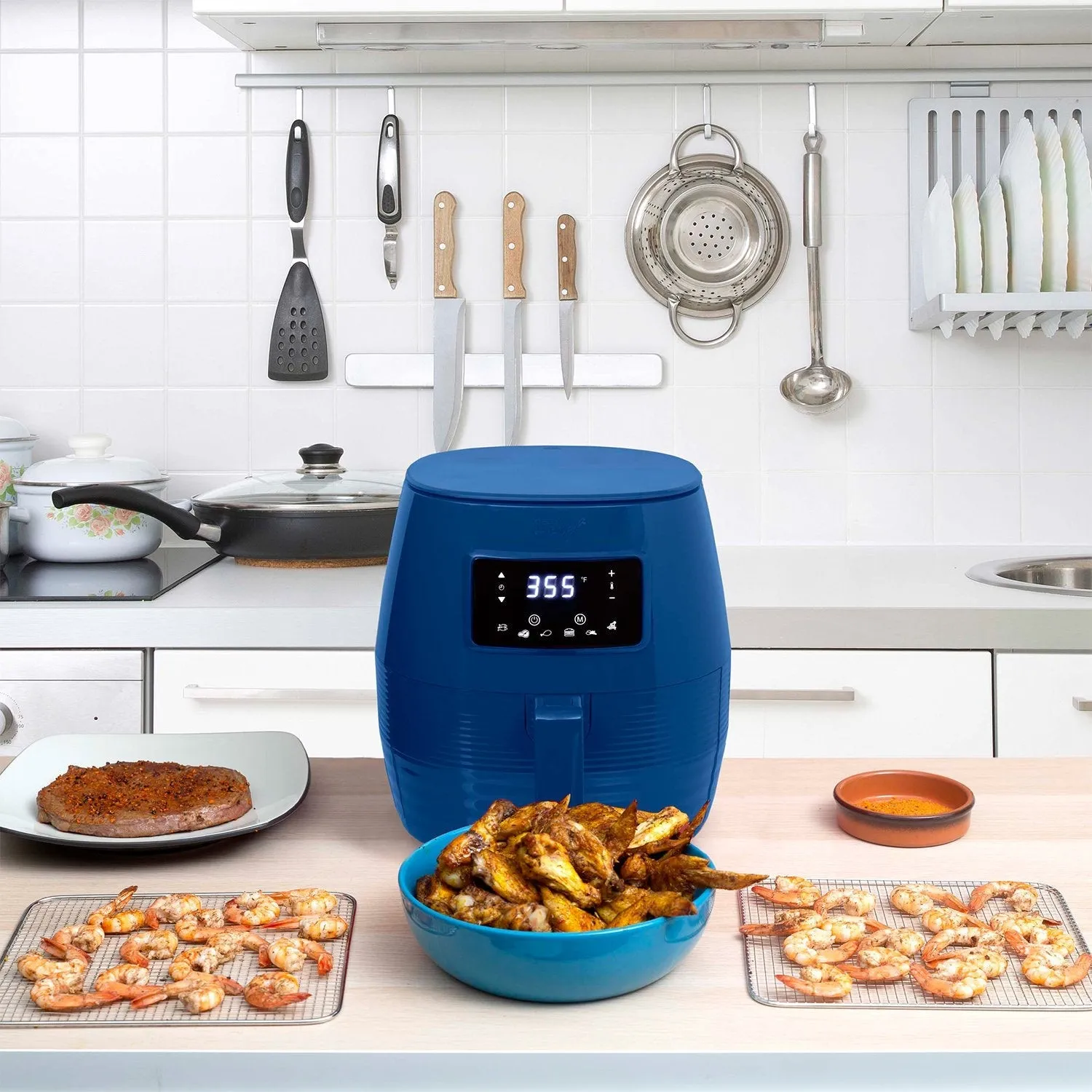 Deco Chef Digital 5.8QT Electric Air Fryer Healthier Cooking Blue   6-Pcs Knife Set Black