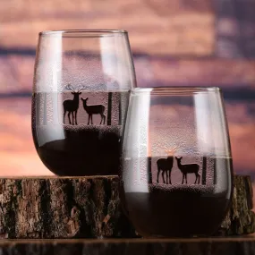 Deer in the Woods Stemless Wine Glass Set of 2