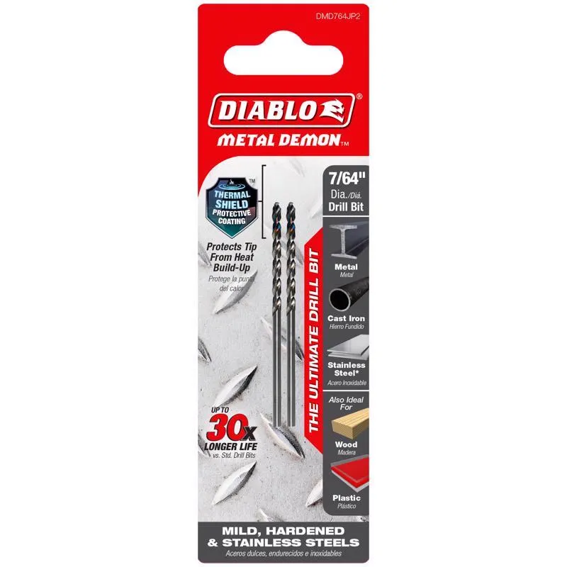 Diablo Metal Demon 7/64 in. X 2.4 in. L Stainless Steel Drill Bit 3-Flat Shank 2 pc