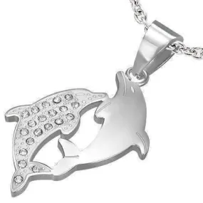 Dolphin Dance Stainless Steel Necklace with CZ Accents