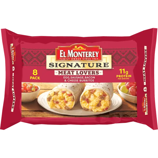 El Monterey Signature Meat Lovers Egg, Sausage, Bacon & Cheese Burritos 8 Count, 36 oz (Frozen)