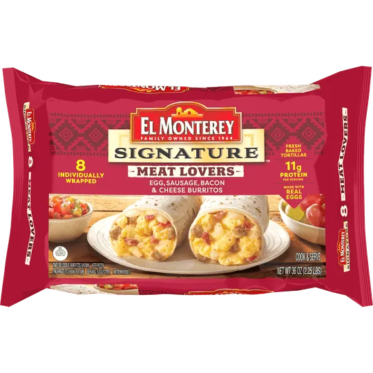 El Monterey Signature Meat Lovers Egg, Sausage, Bacon & Cheese Burritos 8 Count, 36 oz (Frozen)