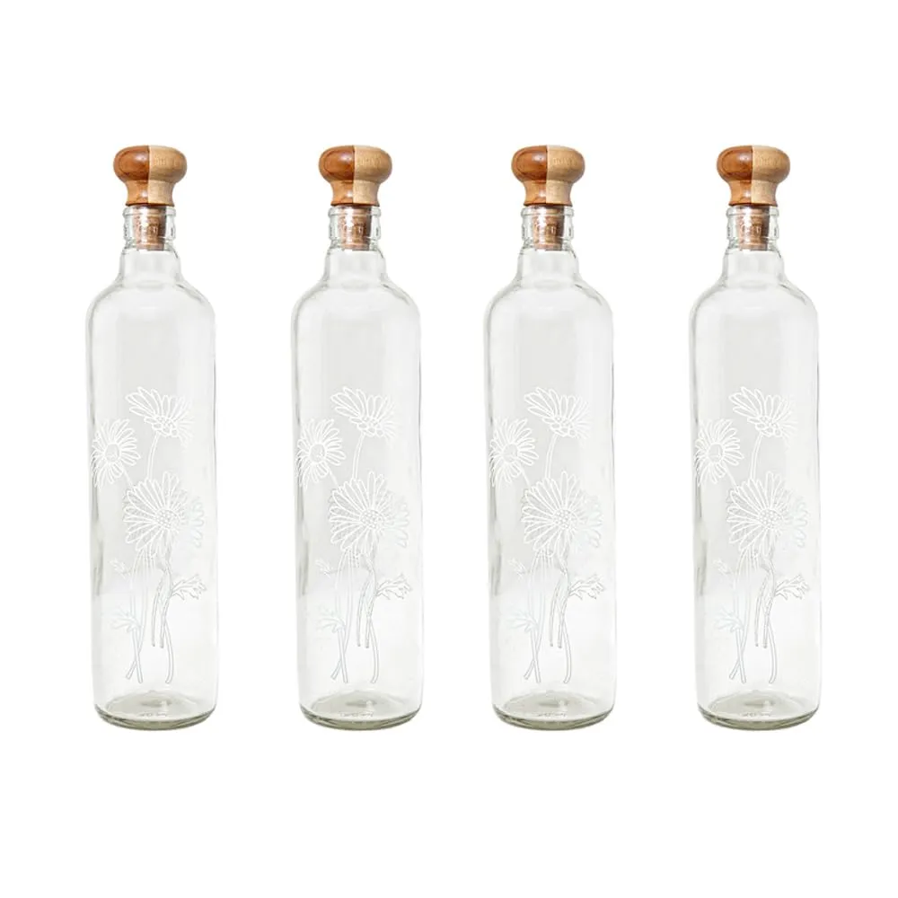 Ellementry Daisy Glass Bottle with Cork (750 ML)| Water and Milk Bottle for Fridge | Clear and Transparent Bottles for Home and Office | BPA Free | Stylish and Premium Wine Bottle- Set of 4